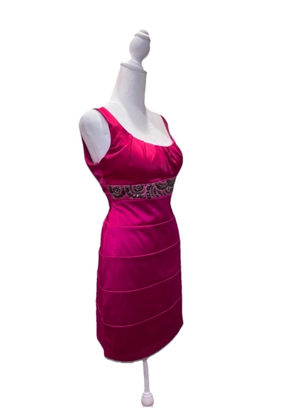 Bisou Bisou Hot Pink Satin Cocktail Dress Petite 8 Beaded Waist Bodycon - Picture 2 of 8